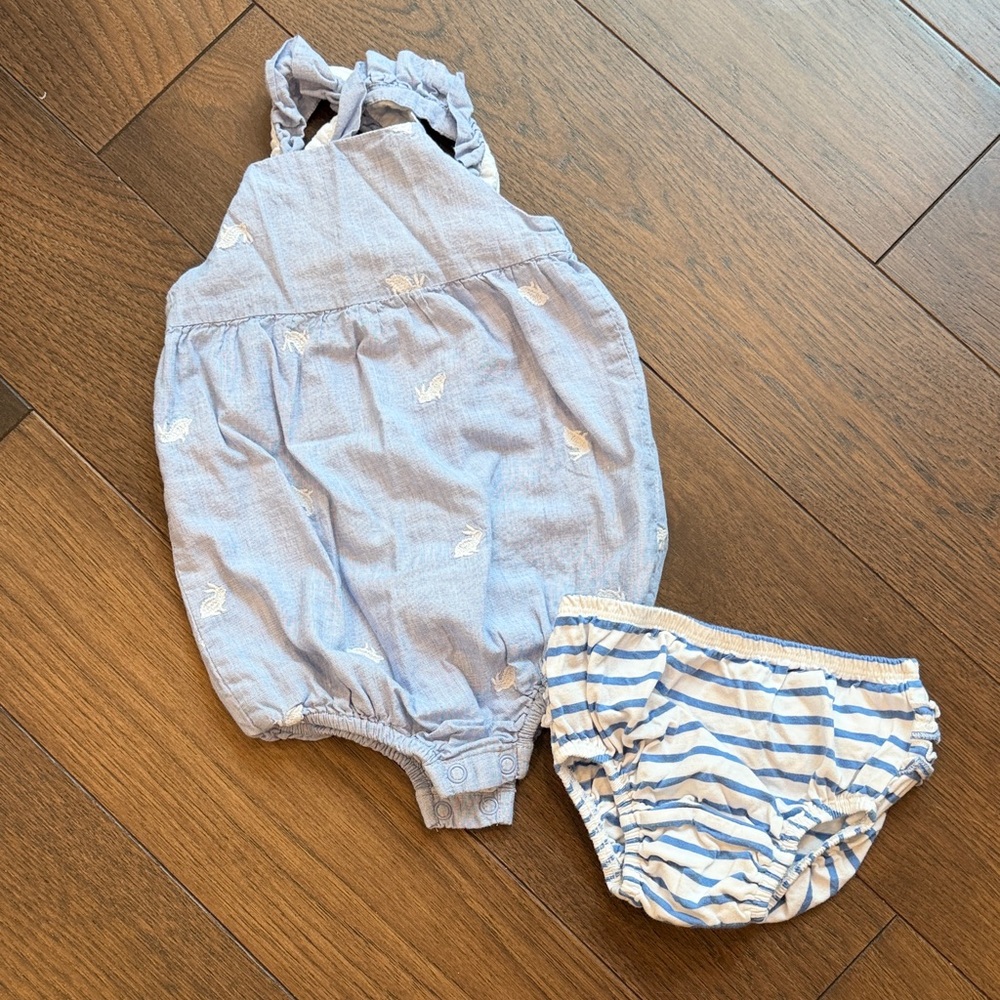 Baby Boden Blue Bunny Print Kids Romper Set Size 12-18 Months C17-015
